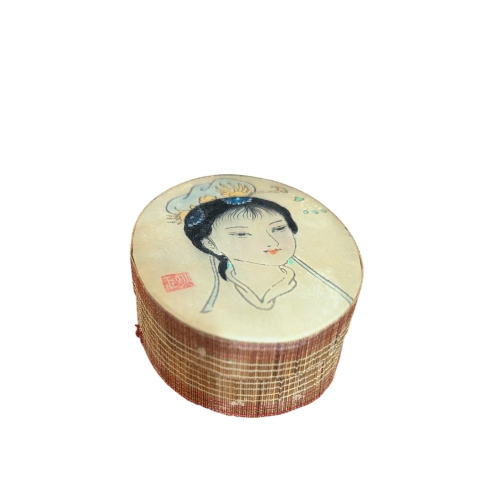 vtg Chinese Silk Jewelry Box Hand Painted Portrait Beijing China Oval Trinket